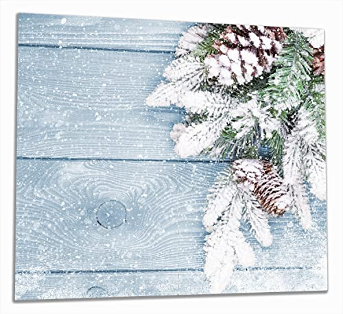 Wallario Herdabdeckplatte/Spritzschutz aus Glas, 2-teilig, 60x52cm, für Ceran- und Induktionsherde, Verschneite Tannenzweige auf Holz - Winterdekoration