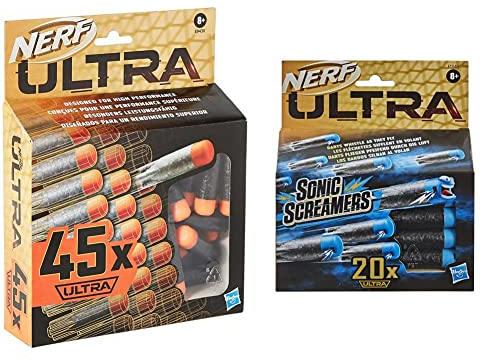 Nerf Ultra 45-Dart Nachfüllpack – der ultimative Nerf Dart Spaß – Nur mit Nerf Ultra Blastern kompatibel & Ultra Sonic Screamers 20er Dart Nachfüllpack, die Darts fliegen pfeifend durch die Luft