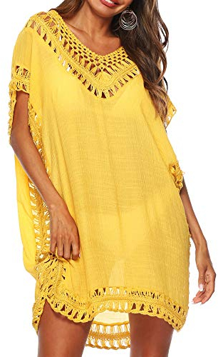 Baynetin Copricostume da Bagno Donna Mare Scollo a V Abito da Spiaggia Tinta Unita Vestito Mare Copricostumi da Bagno Bikini Cover Up per Spiaggia Piscina Estate (Giallo)