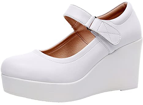 Jamron Damen Hohe Plateau 8CM Keilabsatz Mary Jane Schuhe Klettverschluss Knöchelriemen Leder Pumps Weiß SN070281-2 EU39.5