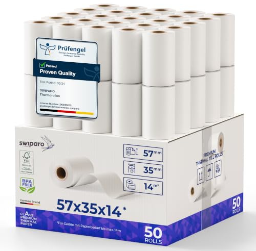 SWIPARO® - Rollos Papel Datafono Térmico 57x35x12mm para todos los TPV y las impresora térmica - Rollo papel térmico 57mm x 35mm x 14m - Ideal para máquinas de tarjetas de Crédito - Papel TPV [50x]