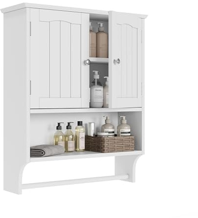 Smuxee White Bathroom Cabinet Wall Mounted with Towels Bar, Bathroom Medicine Cabinet with 2 Door Adjustable Shelves, Over Toilet Cabinet for Bathroom Laundry Room Kitchen