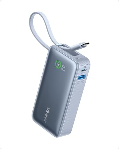 Anker Nano Powerbank,10.000mAh Powerbank mit eingebautem USB-C Kabel, PD 30W Höchstleistung mit 1x USB-C, 1x USB-A, kompatibel mit iPhone 15/14 Serie, MacBook, Galaxy, iPad, AirPods und mehr(Blau)