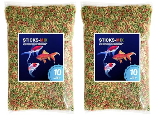 Teich Sticks Mix bunt 20 Liter (2X 10 L) Beutel, Premium Alleinfuttermittel, Fischfutter, Koifutter, Goldfischfutter, Teichfutter, Teichfischfutter mit Vitaminen Tricolore, Nicht Trübend