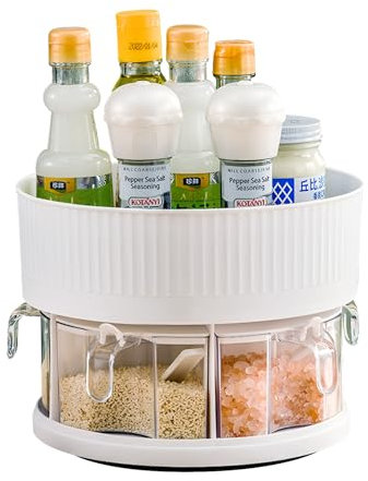 CheurYae Turntable Cupboard Organizer, Lazy Susan Double Spice Rack Organiser Storage Multi-Functional Spice Rack Cupboard Condiment Rotating Tray (white)