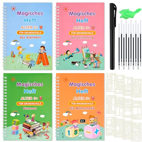 4 Stück Deutsche Magisches Heft mit Zauberstift, Schreibhilfen und Zeichenschablone, Wiederverwendbar Handschrift Kalligraphie Heft für Kinder ab 3+Jahren Schreibens von Zahlen Briefe Mathe & Zeichnen