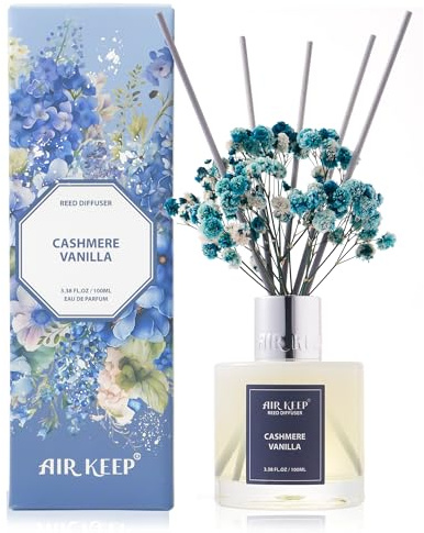 Airkeep Raumduft Cashmere Vanilla Duft, Reed Diffuser mit 8 Duftstäbchen, Lufterfrischer für Badezimmer, Wohnung, Heimdekoration, 100ml