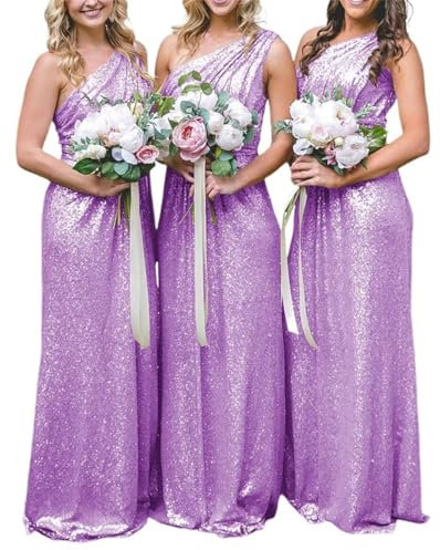 Vestido de dama de honor con lentejuelas brillantes de un hombro para mujer, vestido formal para boda, Lila, 36