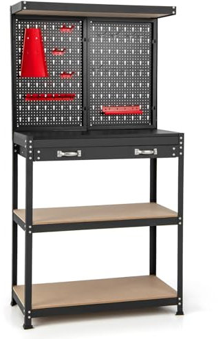 COSTWAY Banco da Lavoro con Pannello Forato, Banco da Lavoro con Scaffali e Cassetti per Utensili, 14 Accessori Appesi, Telaio in Metallo, per Garage e Officina, 81 x 41 x 155 cm (Rosso+Nero)