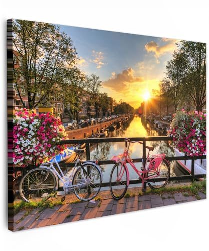 MuchoWow© Cuadros para Salon Foto con Lienzo Canvas Laminas Cuadro | 80x60 cm - Dormitorio Decoracion Hogar Pared Quadro Amsterdam - Puesta de sol - Ciclismo - Flores - Canal