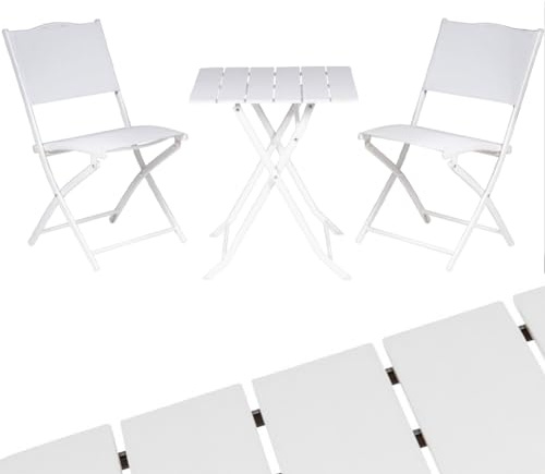 BAKAJI Set Tavolo Pieghevole con 2 Sedie Rivestimento in Textilene, Arredo Giardino Richiudibile con Struttura in Acciaio e Tavolino PE Effetto Legno, Esterno, Patio, Balcone, Resistente UV (Bianco)