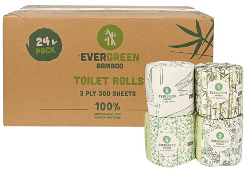 EVERGREEN BAMBOO Toilet Roll 24 x 300 Sheets – 3-Ply Bamboo Toilet Paper – Plastic-Free, Eco-Friendly, Biodegradable, Strong & Soft Tissue – Sustainable & Premium Quality Bulk Pack