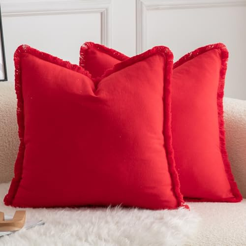 Mandioo 2er Set neutralen Baumwolle Quasten Kissenbezug 50x50cm Dekorative Kissenbezüge Dekokissen Boho Sofakissen Kissenhülle für Couch Sofa Schlafzimmer Wohnzimmer Heimdekoration Rot