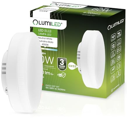 Lumiled GX53 LED, 8 W, 720 lúmenes, 4000 K, luz blanca neutra, bombilla foco, equivalente a 60 W, ángulo de haz de 120 grados, bombilla LED de bajo consumo