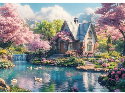 DAERLE 5D Diamond Painting Garten mit Kirschblüte, Diamant Painting Bilder Landschaft, Diamond Art Erwachsene DIY Diamant Kunst Malerei Stickerei Set Kreuzstich für Home Wand Dekor 40x30cm