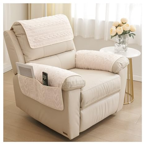 HonunGron Sofa-Armbezug, Chenille Samt Armlehnenschoner, Plüsch Kopfstützenbezug für Sessel, rutschfeste Möbelschutzbezüge Mit Taschen, Couch überzug Sofa Bezug (Beige,1 Sitzer | 3 STK)
