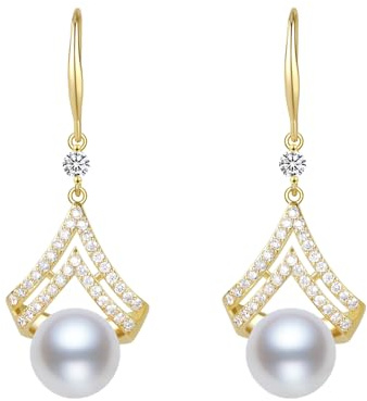 14K vergoldet 925 Sterling Silber Perlen hängen Fehler für Frauen | Hypoallergene Ohrringe mit Zirkonia-Steinen, Weihnachten, Muttertag, Hochzeit, Geburtstag, Schmuckgeschenke für Frauen
