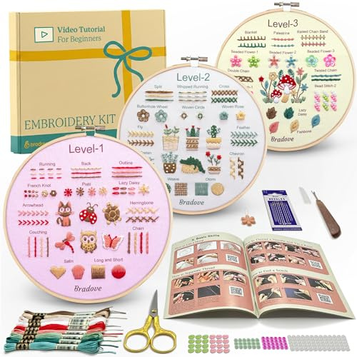 Bradove Beginner Embroidery Kit for Adults Kids, Learn to Embroider 37 Stitches and 13 Cute Patterns, Bead Embroidery Kits