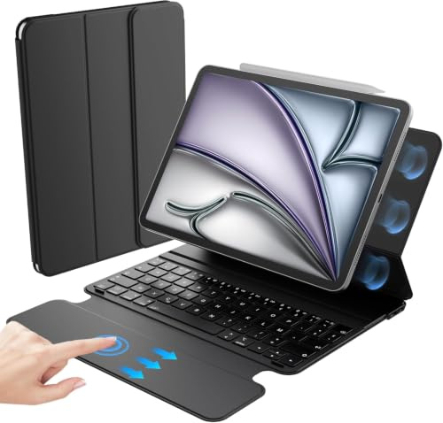 HOU Clavier pour iPad Air 11 M2/M3/M4 & Air 5e/4e génération & Pro 11 4e/3e/2e/1re génération,Pavé Tactile à Surface complète, Protection du Stylet et de l’Objectif pour Le Travail et Les Voyages