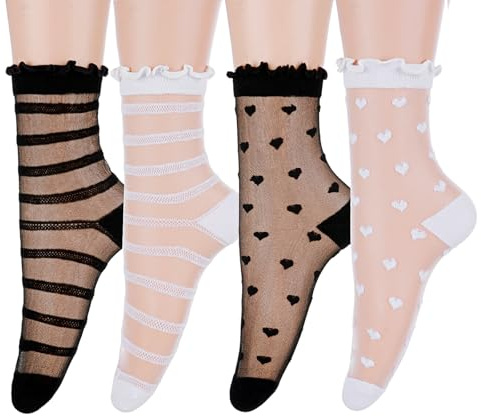 Lusofie 4 paia di calzini trasparenti con volant donna trasparente volant calzini sottili calze estive alla caviglia taglia universale calzini a cuore a righe per donne ragazze, bianco, M-L
