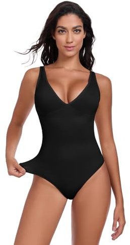 KESSER Femme Body Shaper Sans Couture Léger Et Mince Shapewear Bodysuit Col V Bretelles Réglable String Gainante Ventre Plat Dos Découvert Bodys Gainant Noir S