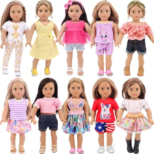 ZITA ELEMENT 10 Sets American 18 Inch Doll Clothes and Accessories | Total 10 Complete Daily Outfit Sets; Tops, Pants, Swimsuits, Pajamas, Skirts & Dresses Included; Fits 18 Inch Girl Dolls