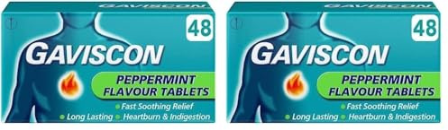 Gaviscon Peppermint Heartburn & Indigestion Relief, 48 Tablets - Fast-Acting, Soothing Formula for Digestive Comfort, Easy-to-Swallow, Long-Lasting, Trusted Brand (Pack of 2)