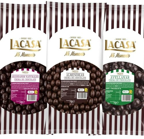 Lacasa Pack 3kg de bolas: Almendra con chocolate Negro,Avellana con chocolate Negro,Arándanos con chocolate Negro