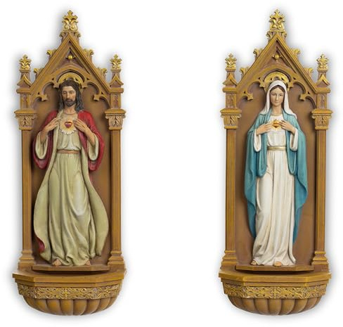 BC Catholic Sculpture Immaculate Heart of Mary and Sacred Heart of Jesus, 9 H Holy Water Font Wall Plaque Set of 2pcs, Religious Gift of Mom, Hand Painted by Buildclassic
