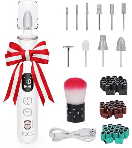PELCAS Elektrische Nagelfräser 10 Geschwindigkeiten Schnurloser Nagelbohrer Professionelle Nagelschleifer mit LCD Bildschirm Tragbare Maniküre Set für Mensch Haustier Dicke Natürliche & Acryl Nägel
