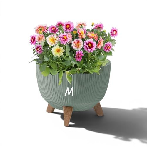 Design Blumentopf mit Füßen (Holz-Optik), Grün, 29 cm / 9,3 L – Große Pflanzschale für Draußen & Drinnen, Dekorativer Pflanzkübel mit Rillenstruktur