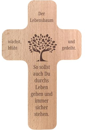 Geschenkissimo Lebensbaum Kreuz Wanddeko Buche 20 x12 cm mit Loch zum Aufhängen - Geschenk zur Taufe oder Kommunion - Geschenkidee