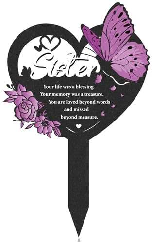 LIRAVENO Memorial Sister Grave Stakes - Metal Butterfly Cemetery Markers Decorations for Loss Sister Purple Heart Humans Remembrance Plaques Decors for Outdoors Black Waterproof Sympathy Garden Gifts