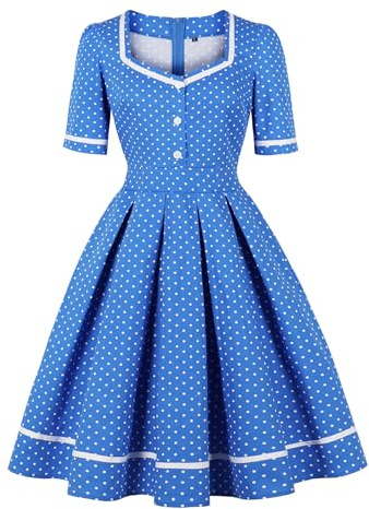 Wellwits Women's White Trim Polka Dots 1950s Vintage Cocktail Dress Sea Blue M