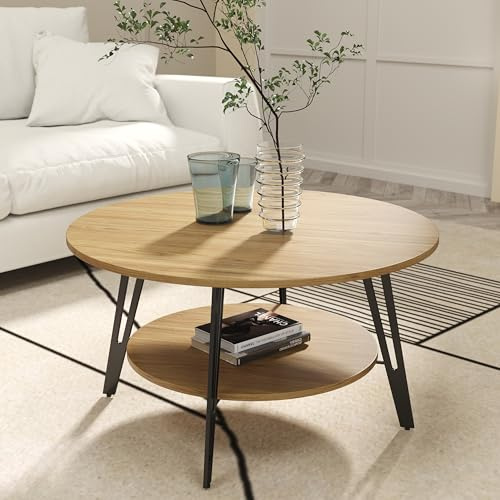 Manora soffbord, vardagsrumsbord, sidobord soffa, rund av trä, soffbord med förvaringsutrymme, metall, modern stil ljus ek)