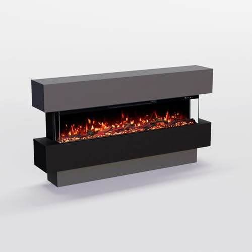 GF Core Elektrokamin Clear 42 mit realistischem 3D LED-Feuer - Stand-Elektrokamin mit Heizung und Kaminfeuer, App Steuerung, Knistereffekt & Timer, max. 1800 W, 129x69x21cm, Grau