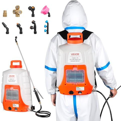 VEVOR Pulverizador de Mochila a Batería de 16 L, Mochila Pulverizadora con 8 Boquillas y 2 Lanzas Telescópicas, Presión Ajustable de 90 PSI, Autonomía de 4 a 6 Horas, para Césped, Riego, Jardinería