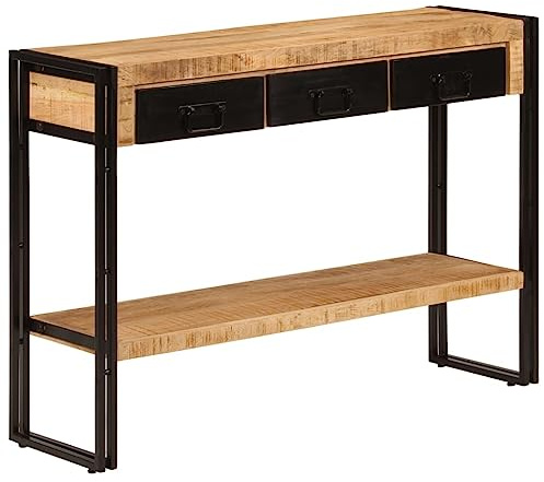 Qnhdfrt Console Table 110x30x76 cm Solid Mango Wood with 3 Drawers & Shelf, Industrial Hallway Table for Living Room, Bedroom or Entryway, Black Iron Legs