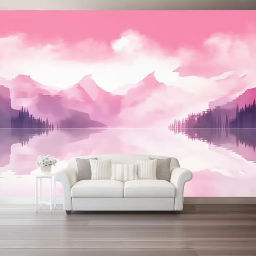 Carta Da Parati Autoadesiva Acquerello Montagne Vista Lago carta da parete - 150 x 105 cm（WxH Per Cucina Decorazioni Parete Ristorante Soggiorno Tv Parete Camera Letto Della Parete Murali Rosa
