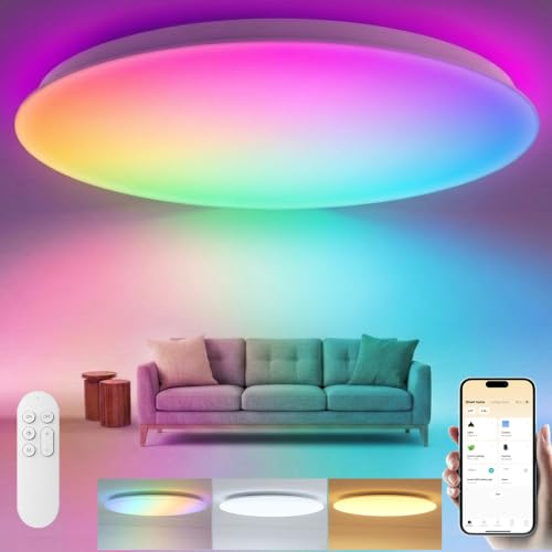 Yeelight Smart taklampa med RGBCW, 4500 lm, 50 cm, 50 W, dimbar LED-taklampa, blixtmontering, 16 m, gör-det-själv-färger, 2 700 – 6 500 K, kompatibel med Alexa & Google, appfjärrkontroll, stor