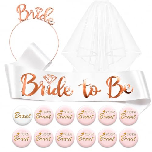 SKKWOPE 15PCS JGA Accessoires Frauen Set, Braut Team Party Set | Für JGA Frauen und Team Braut mit Schärpe, Schleier, Haarreif und Buttons für Junggesellinnenabschied und Feier.