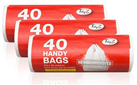 Tidyz 3 paquetes de 40 bolsas desechables de plástico blanco para cubos de basura de 15 L, asa de amarre extra fuerte, 120 bolsas en total