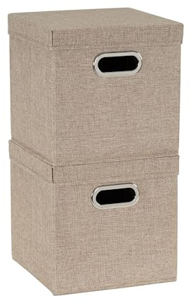Household Essentials, 802-1, Café, Würfel, Aufbewahrungs-Set mit Deckel und Griffen, 2 Stück, braunes Leinen