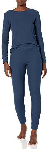 Amazon Essentials Women's Slim-Fit Cotton Waffle Knit Long-Sleeve Thermal Pajama Set, Navy, X-Large