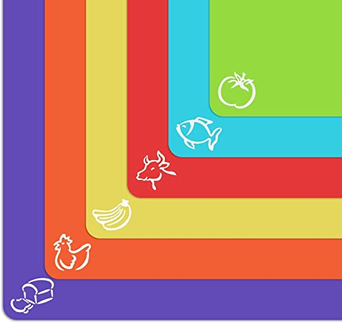 Extra Thick Flexible Plastic Chopping Board (Set of 6) - Plastic Cutting Board Set - Mats with Food Icons & EZ-Grip Waffle Back - Colour Coded Chopping Boards for Kitchens
