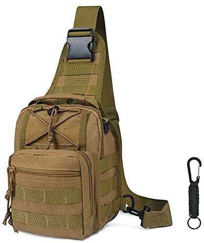 flintronic Taktische Sling Rucksack,Brusttasche mit Verstellbarem, Militär Schultertasche,Umhängetasche,Rucksack Schultertasche mit Karabiner für Outdoor Sport Camping Wandern - Khaki