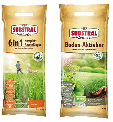Substral Naturen 6in1 Komplett Rasendünger + Naturen Bio Bodenaktivkur Natürlicher Bodenaktivator