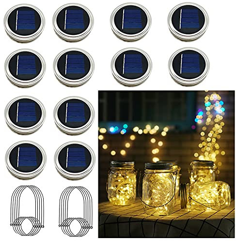 Solar Mason Jar Lights, 12 Pack 30 LED Waterproof Lid Light with Hangers (No Jar), Fairy Firefly Outdoor String Lights for Regular Mason Jar, Patio, Yard, Garden, Wedding Decoration (Warm White)