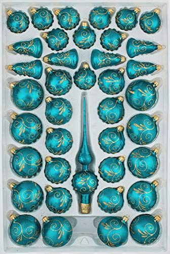 39 TLG. Glas-Weihnachtskugeln Set in 'Ice Petrol-Türkis Goldene Ornamente' - Christbaumkugeln - Weihnachtsschmuck-Christbaumschmuck