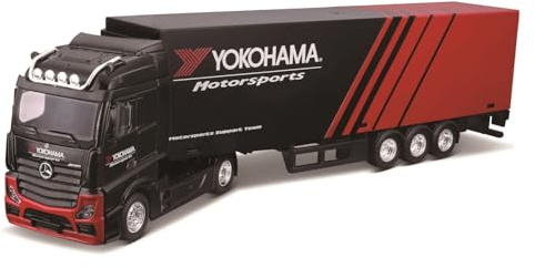 Bburago 1/43 Street Fire Camion avec Remorque Mercedes Benz Actros Yokohama – Modèle Métal Rouge et Noir à Motifs Assortis – Véhicule Miniature Manuel – Jouet Enfant 3 Ans+